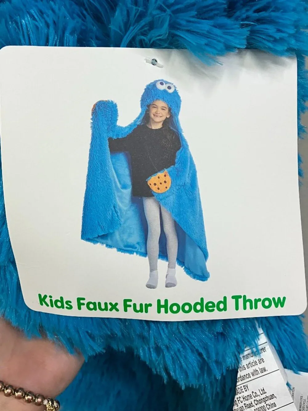 Sesame Street  Faux Fur Hooded Throw Blanket Kids 36x56 Blue Cookie Monster